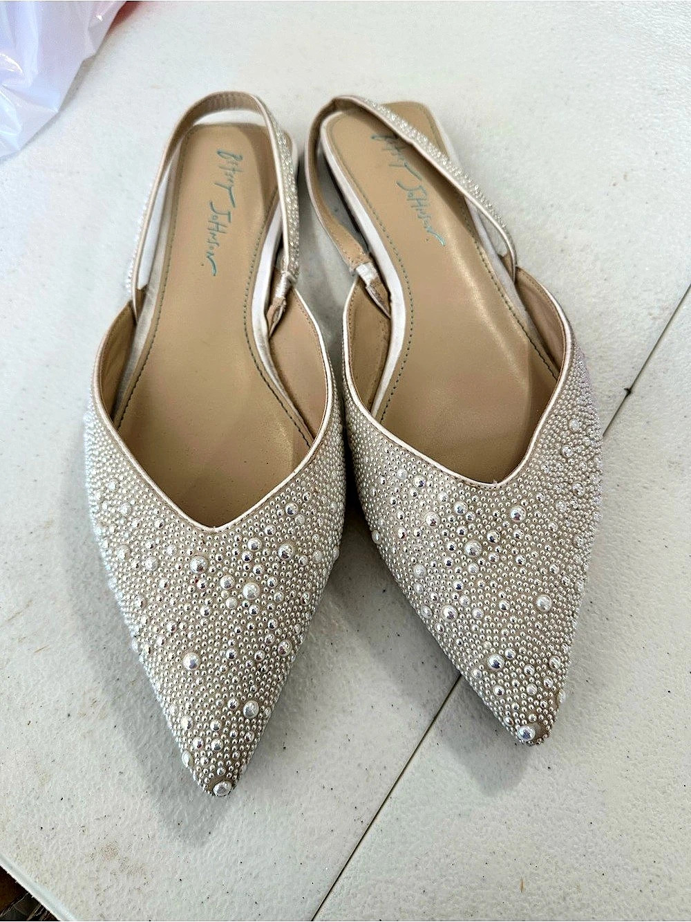 Betsey Johnson Embellished Pointed-Toe Slingback Flats in white pearl